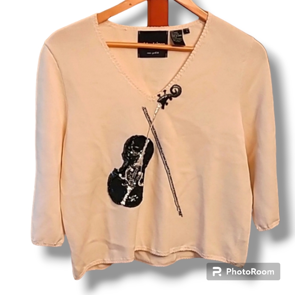 Michael Simon Off White Violin Knit Top